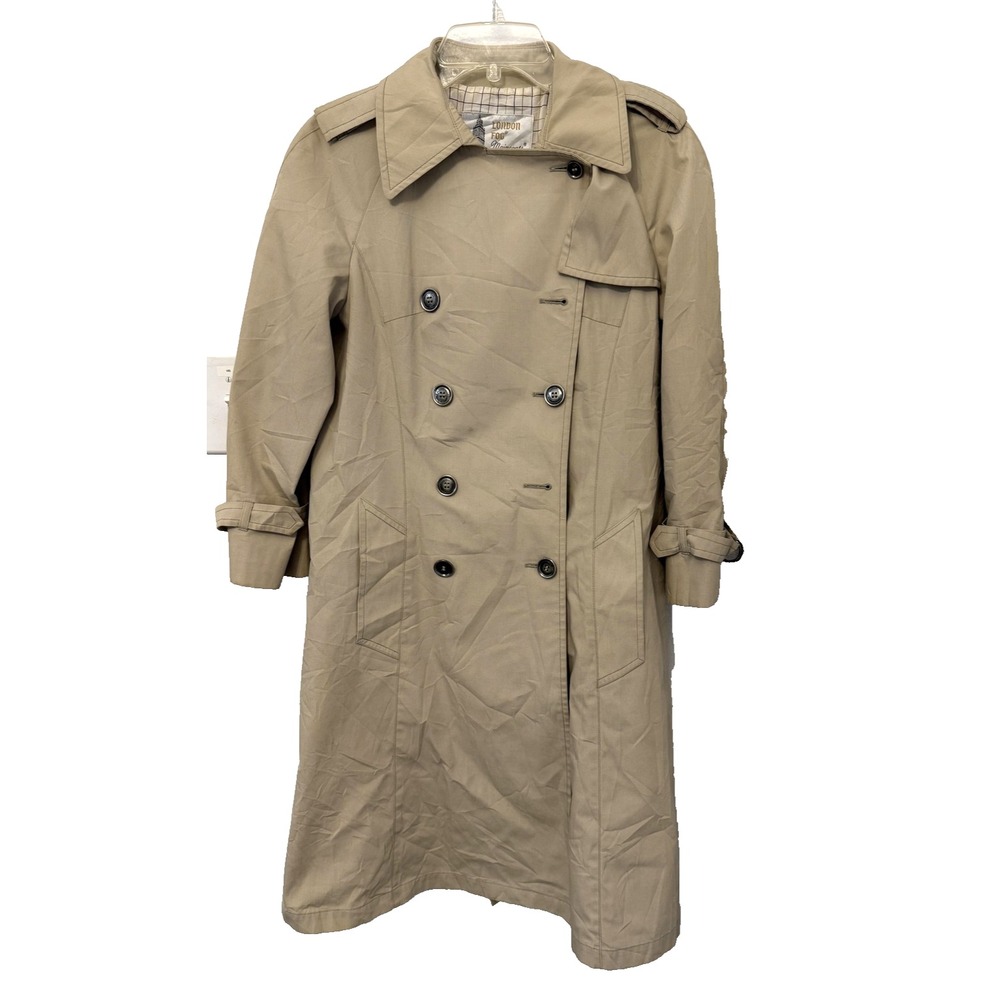 Vintage London Fog Coat Mens Med Tan Trench Double Breasted Belted‎ Epaulet 80s